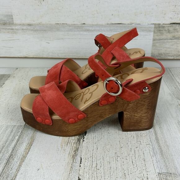 Sam Edelman Josefine Women’s 6.5 Coral Suede Strappy Sandals Wood Heel NEW - Picture 4 of 11
